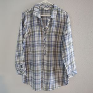 J. Jill Love Linen Shirt Tunic Half Button-down Plaid Blue Green Women's Large